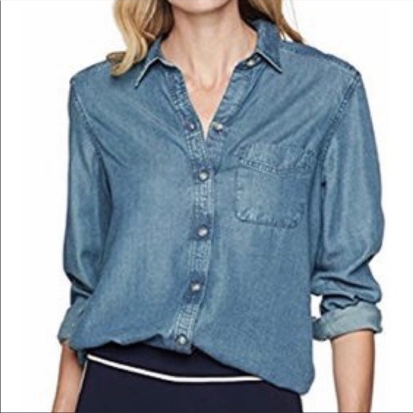 PER SE Blue Chambray Denim Cotton Blend Button Up Top M - Picture 5 of 9